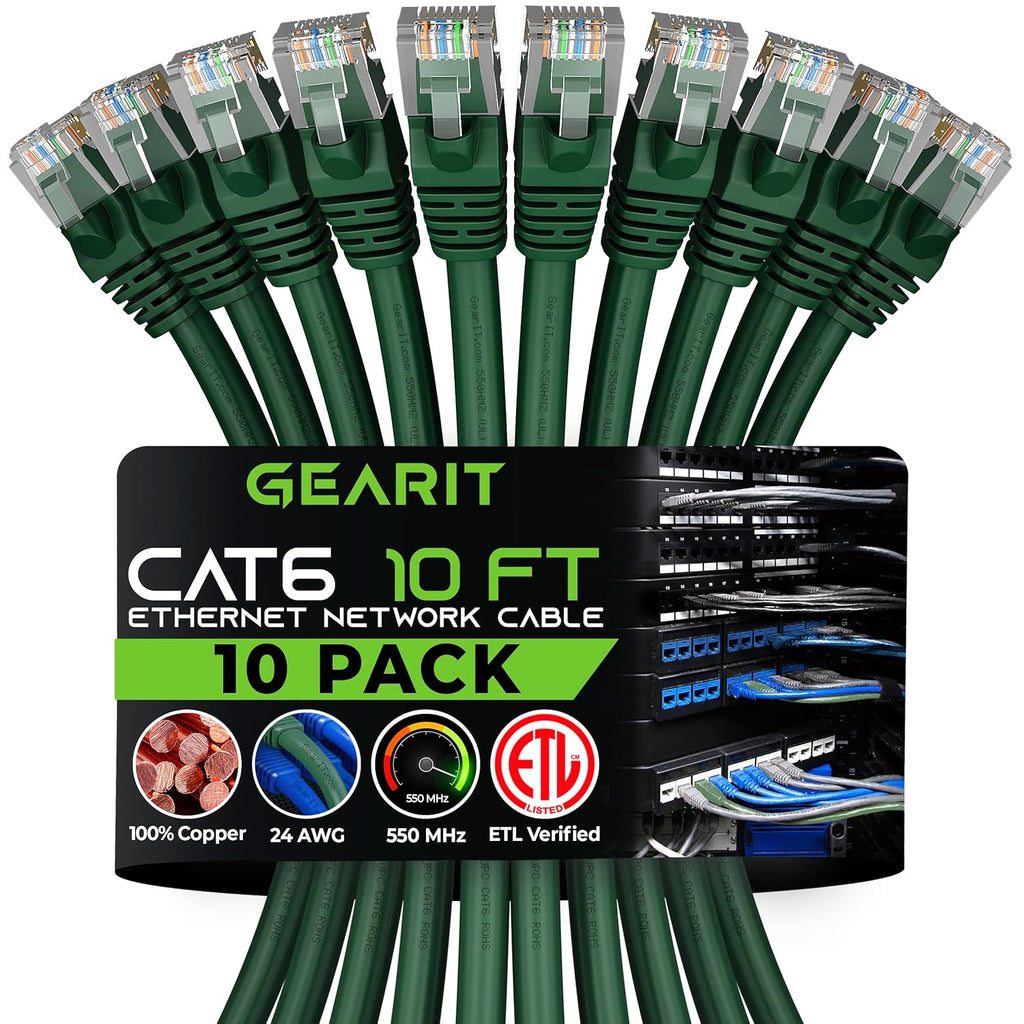 Cat 6 Ethernet Cable (10-Pack 10 Feet) Cat6 Network Patch, 10Gbps, RJ45, Snagless Cord, Gold-Plated Connectors, Internet for PC, TV, Tablet, Router, Printer, Servers, IT Data Center - Green