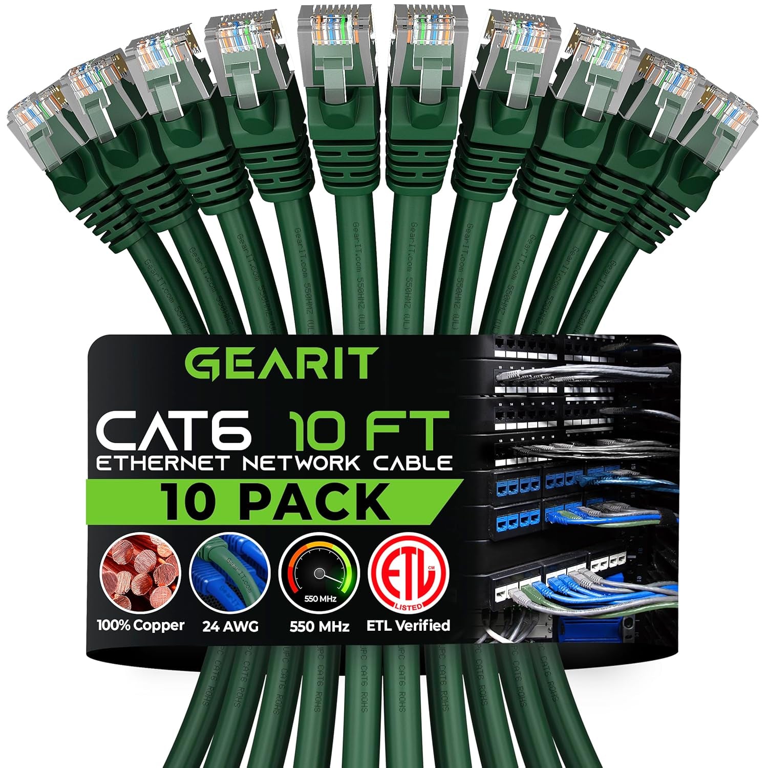 Cat 6 Ethernet Cable (10-Pack 10 Feet) Cat6 Network Patch, 10Gbps, RJ45, Snagless Cord, Gold-Plated Connectors, Internet for PC, TV, Tablet, Router, Printer, Servers, IT Data Center - Green