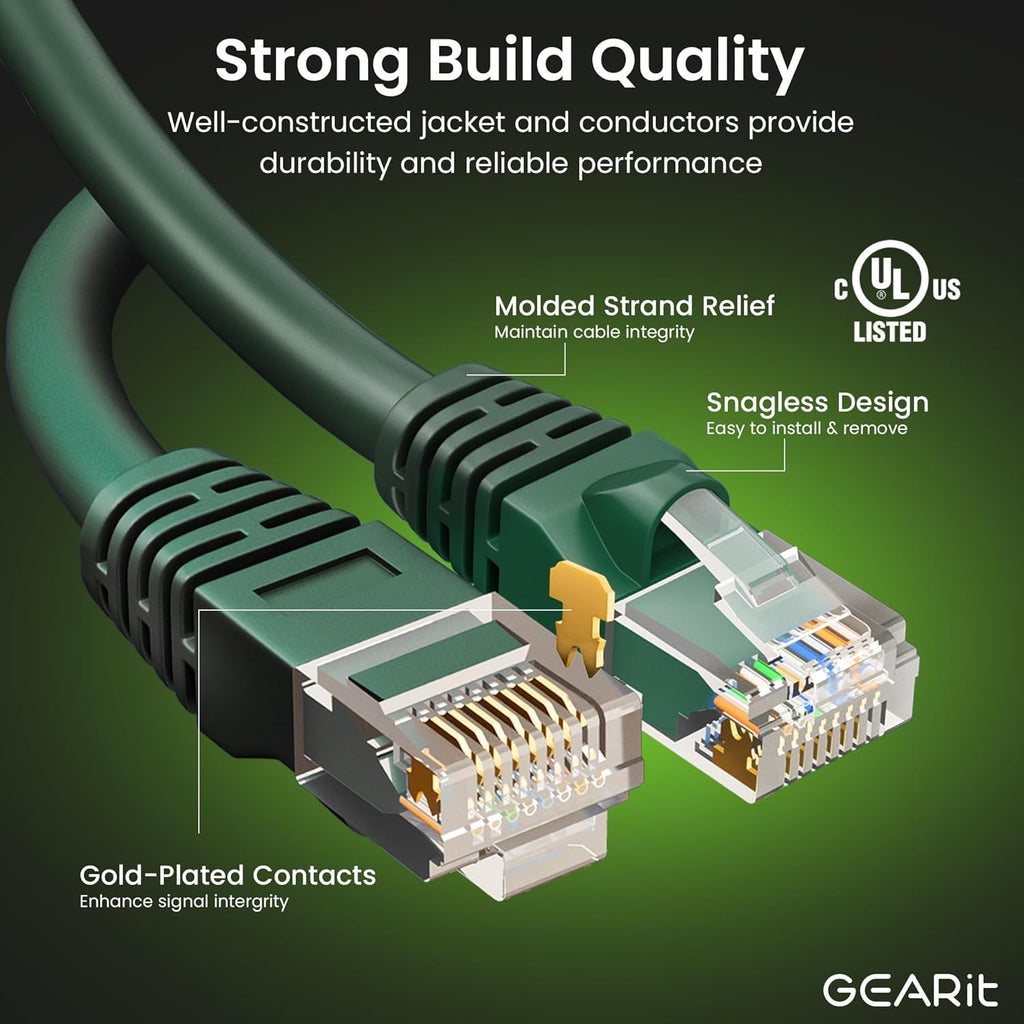 Cat 6 Ethernet Cable (10-Pack 10 Feet) Cat6 Network Patch, 10Gbps, RJ45, Snagless Cord, Gold-Plated Connectors, Internet for PC, TV, Tablet, Router, Printer, Servers, IT Data Center - Green