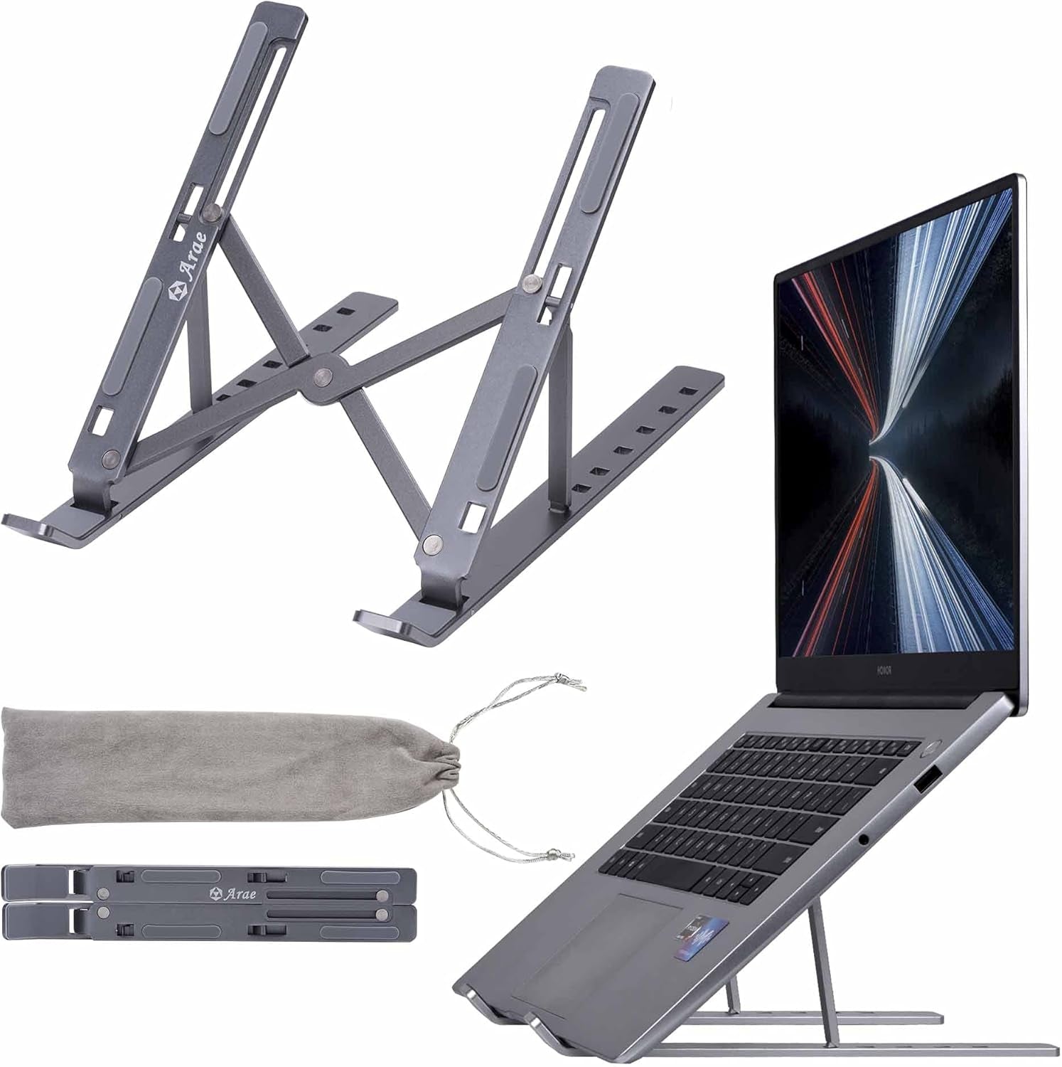 Laptop Stand for Desk, Adjustable Ergonomic Portable Aluminum Laptop Holder, Foldable Computer Stand 6 Angles Anti-Slip Laptop Riser Compatible with 9-15.6 Inch Laptops, Gray