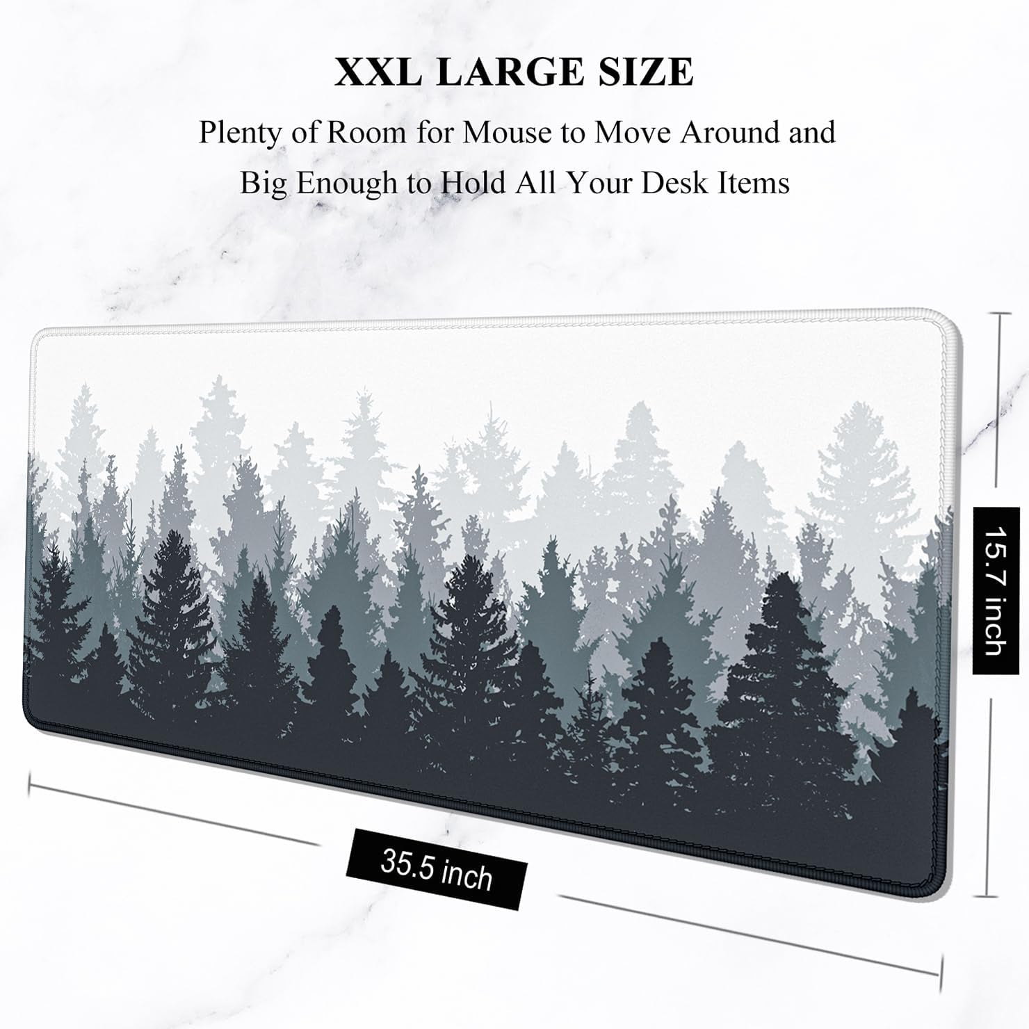 Large Gaming Mouse Pad, Forest Theme XXL 35.4 X 15.7 in Desk Pad Stitched Non-Slip Rubber Long Computer Mousepad Thin Extended Full Size Desk Mat for Desktop, Laptop, Wireless Mice, White