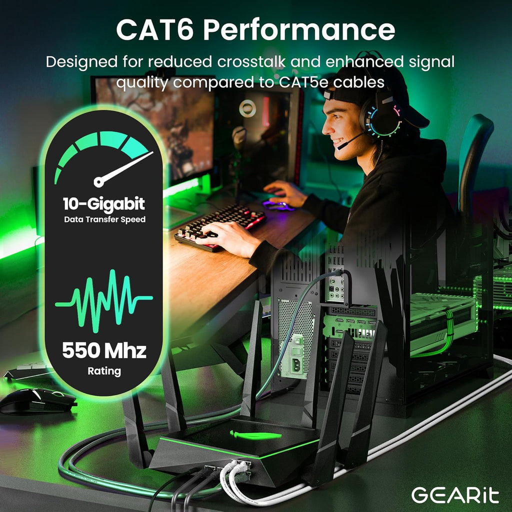 Cat 6 Ethernet Cable (10-Pack 10 Feet) Cat6 Network Patch, 10Gbps, RJ45, Snagless Cord, Gold-Plated Connectors, Internet for PC, TV, Tablet, Router, Printer, Servers, IT Data Center - Green