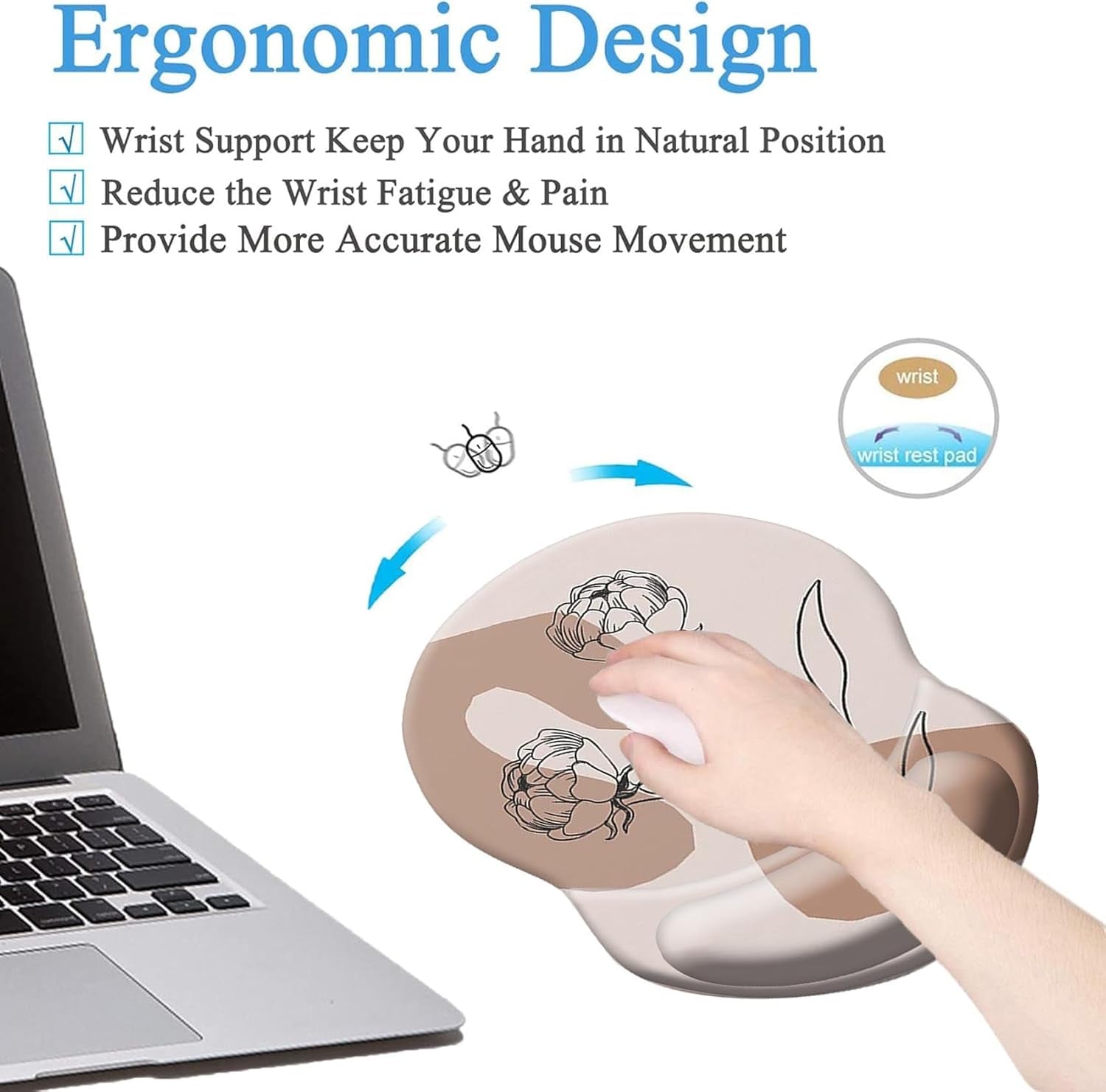 Mouse Pad, Mouse Pad Wrist Support, Ergonomic Gaming Mouse Pad, Pain Relief Comfort Wrist Rest Pad with Non-Slip PU Base for Gaming, Home, Office & Travel, Abstract Flower on Pink