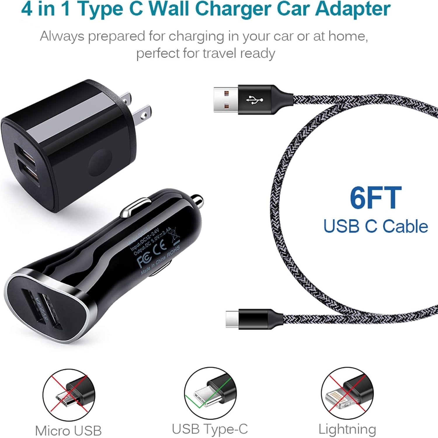 USB Type C Charger Cable for Samsung Galaxy A17 A16 A35 A26 A36 A56 A15 A25 A55 S25 Ultra A14 A54 A13 A23 A53 A32 S23 S22 S21 S20 S10E S10,Android Phone Car Charger Wall Adapter+Fast Charging Cord 6FT